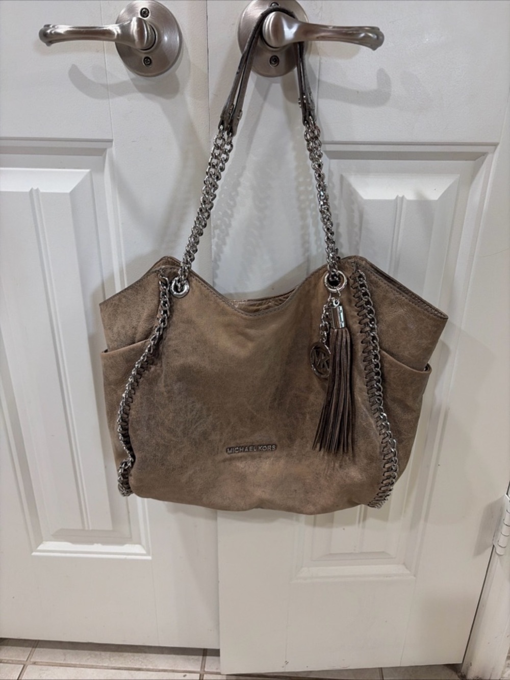 Michael Kors Taupe Suede Chain-Trim Shoulder Tote